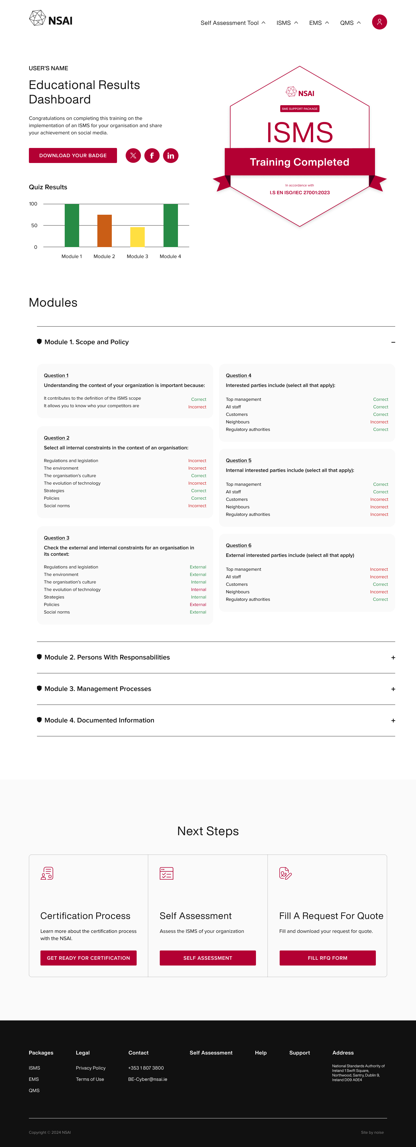 NSAI certification platform quiz results page showing custom WordPress plugin tracking user progress and generating PDF reports